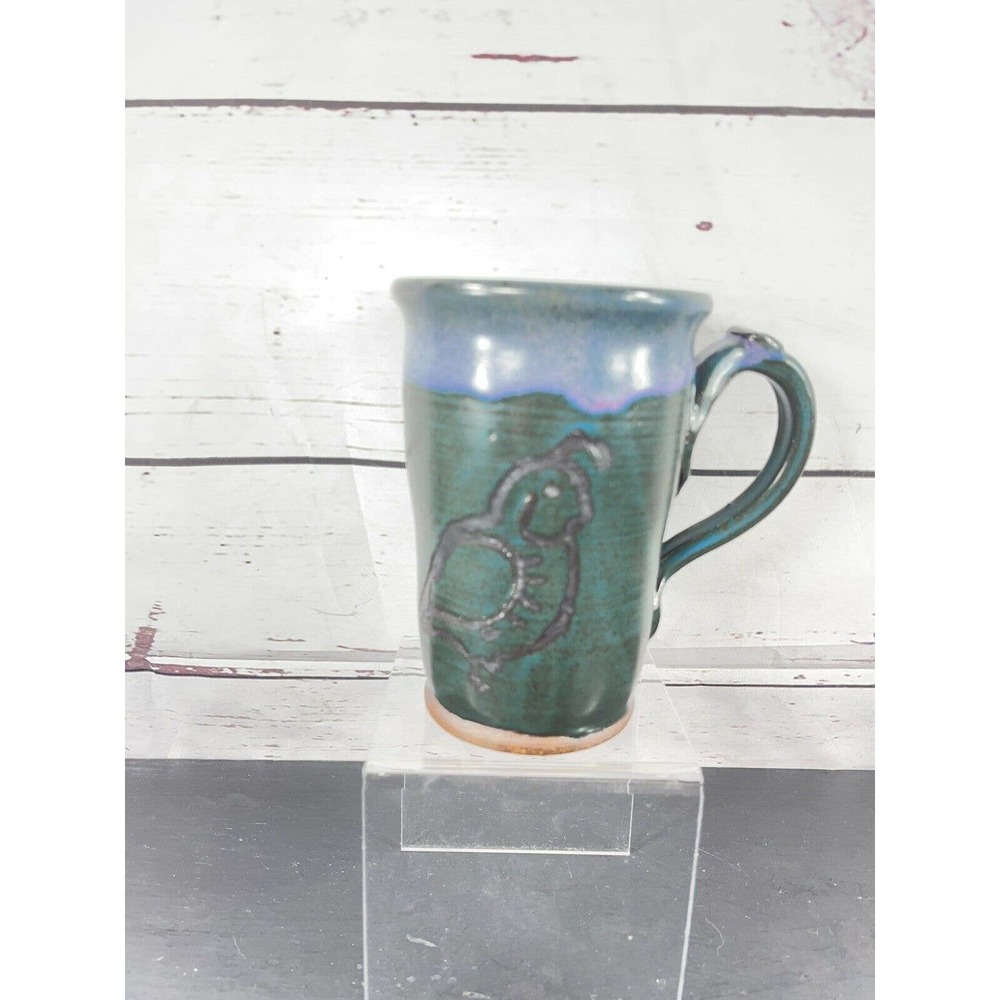 Vintage Studio Art Pottery Coffee Mug Partridge Bird Green Gray Gertung ‘91